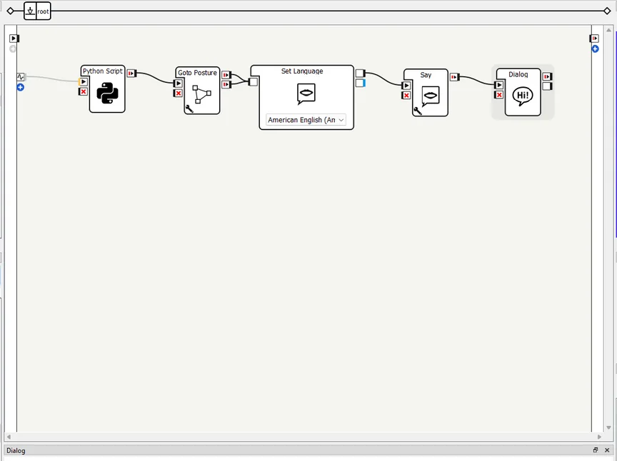 Choregraphe flow connecting Python Script, Goto Posture, Set Language, Say and Dialog boxes
