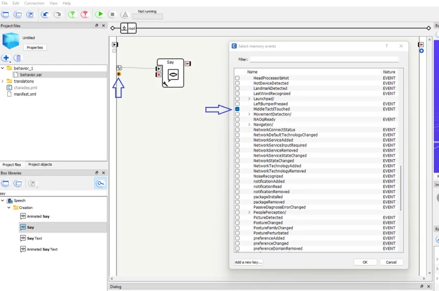 Choregraphe Select memory events dialog with MiddleTactilTouched ticked, to start the game with NAO's head sensor