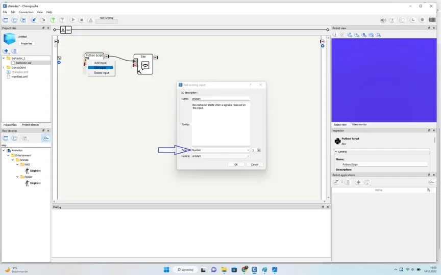 Choregraphe Edit existing input dialog for the Python Script box, with the input type set to Number