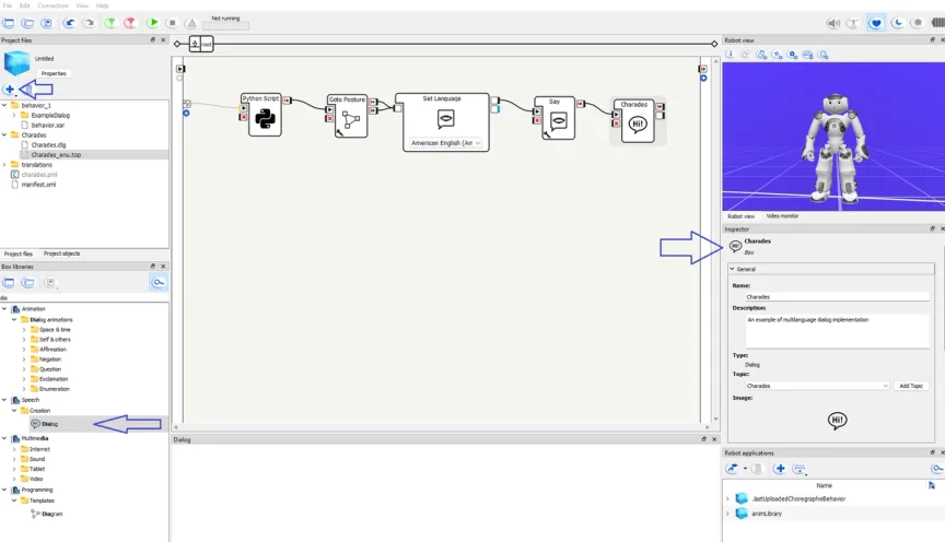 Choregraphe with a Charades Dialog box added to the flow and its topic set in the Inspector panel