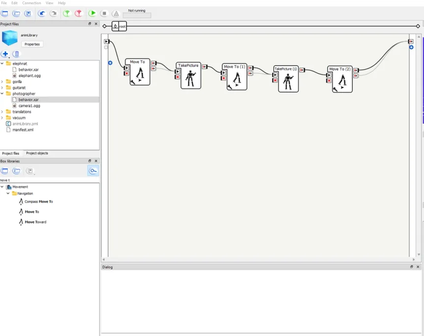 Choregraphe flow for the photographer behaviour chaining Move To and Take Picture boxes