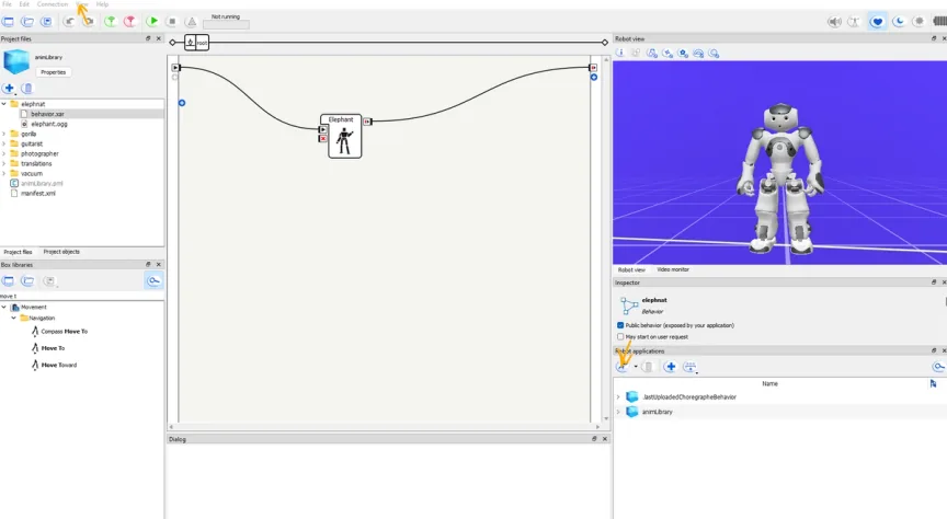 Choregraphe with the animLibrary project listed under Robot applications and a NAO robot in the robot view