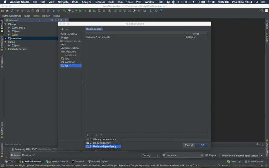 Project Structure dialog for the ios module with the add menu open and Module dependency selected