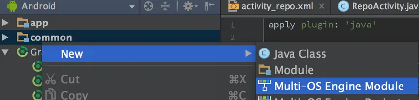 Android Studio project context menu with New, Multi-OS Engine Module highlighted to generate the ios module