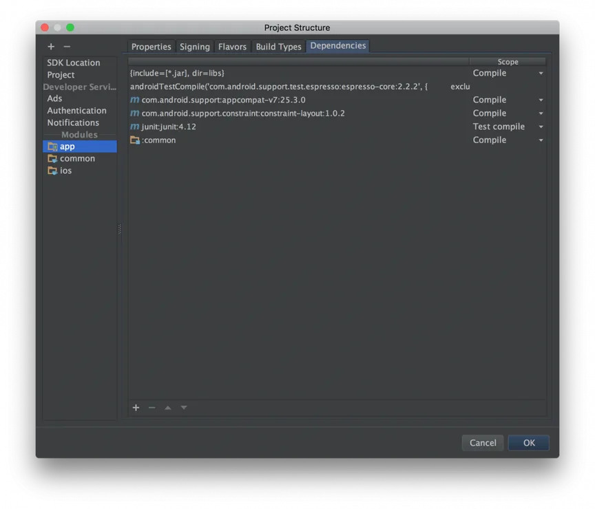 Project Structure dependencies tab for the app module, now listing :common alongside the Android support libraries