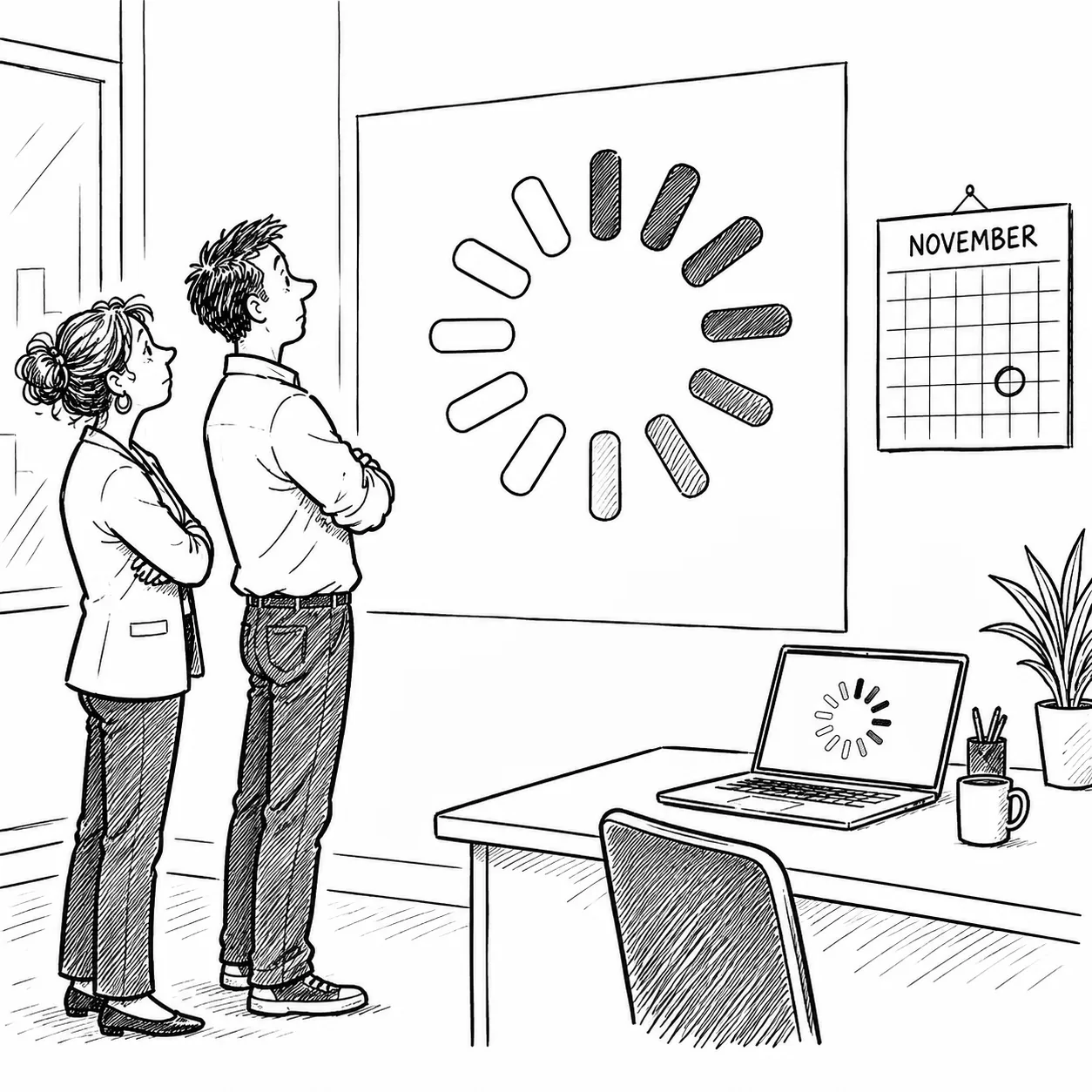 Cartoon: a store owner and a developer watching a loading spinner the size of a wall clock, a November calendar beside them