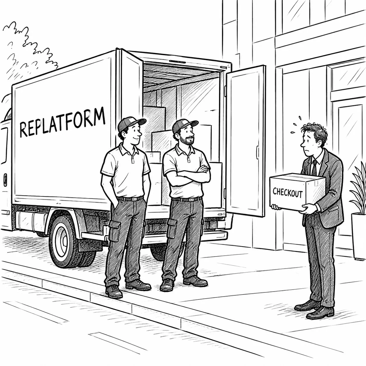 Cartoon: a removals van marked REPLATFORM, a nervous client holding one small box marked CHECKOUT