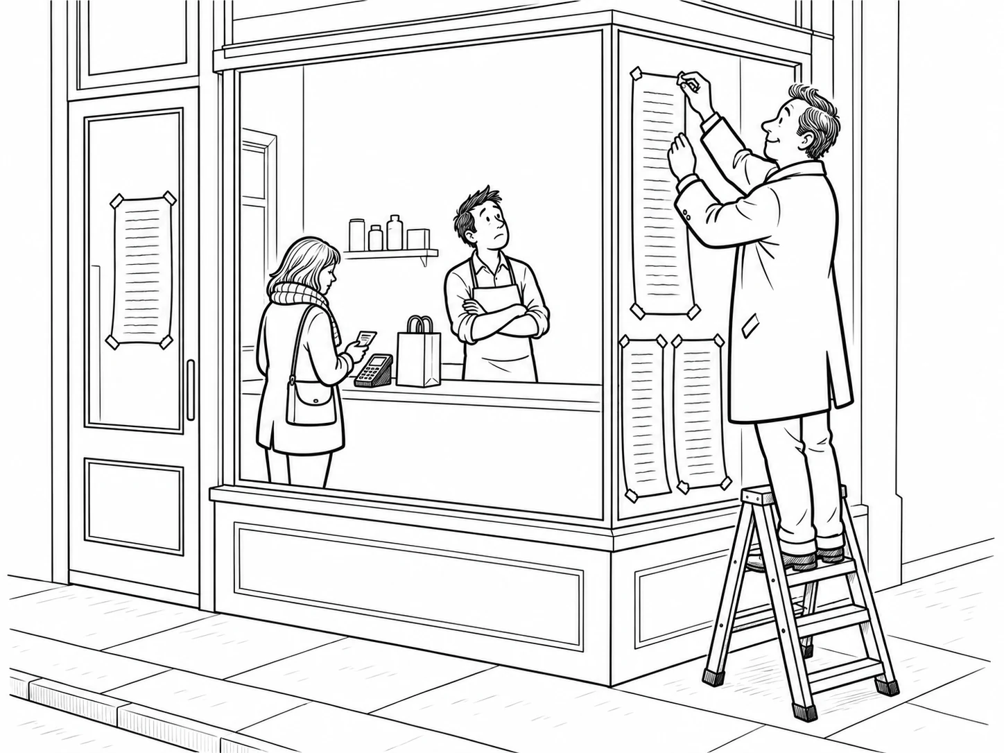 Cartoon: a landlord taping another notice of small print to a rented shop window while the shopkeeper watches from behind the counter.