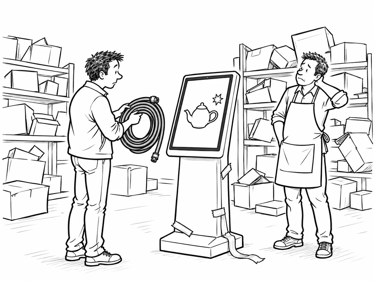 Cartoon: a customer holds up a garden hose at a new AI kiosk in a cluttered hardware shop; the kiosk proudly shows a teapot while the shopkeeper winces.