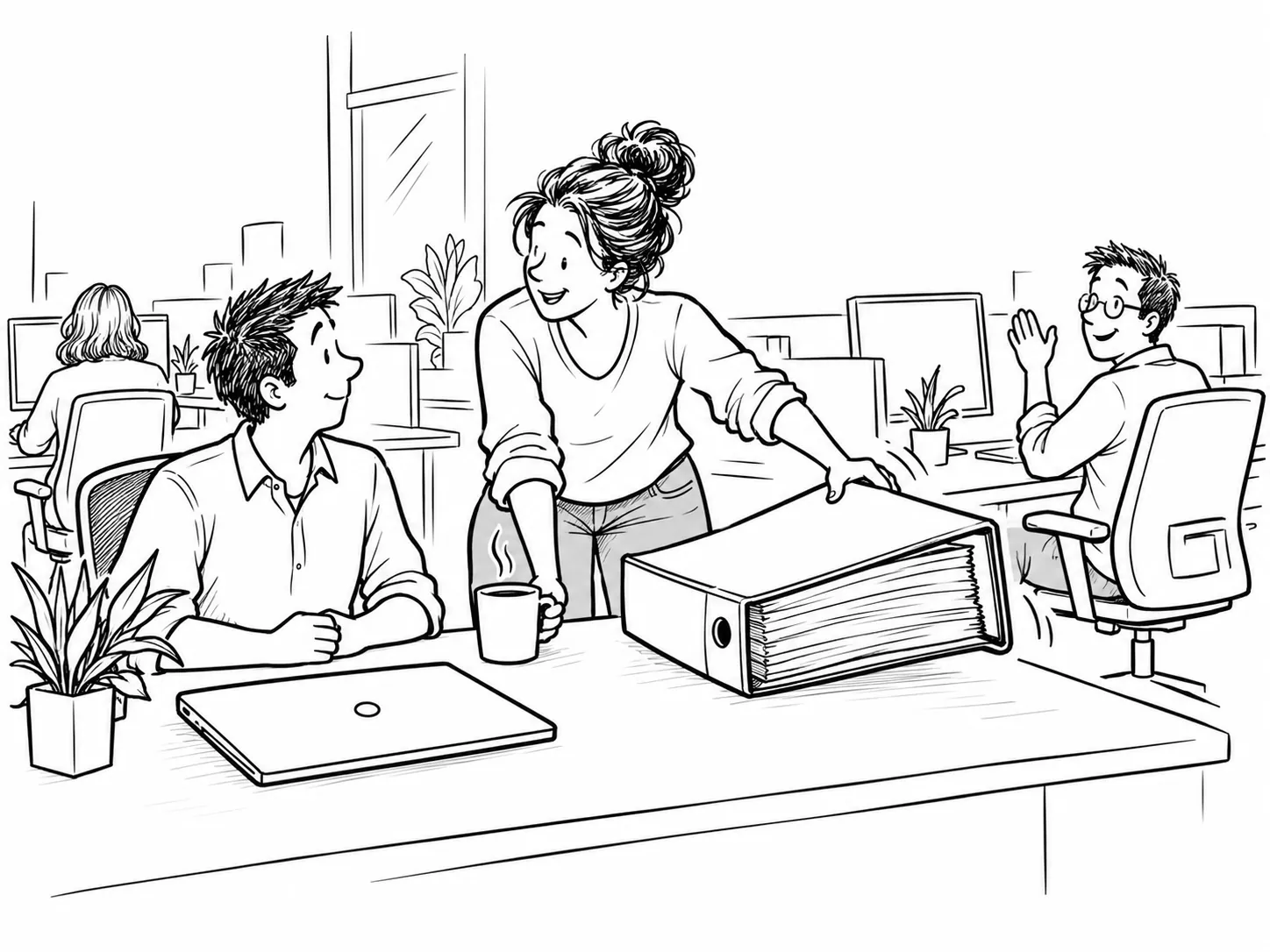 Cartoon: on a new developer's first day, a colleague takes away a huge binder, sets down a coffee, and a friendly neighbour waves hello.
