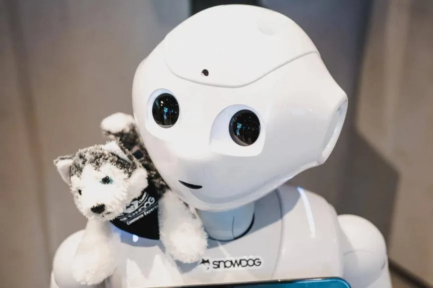 Close-up of Pepper's head with a Snowdog husky plush toy perched on its shoulder