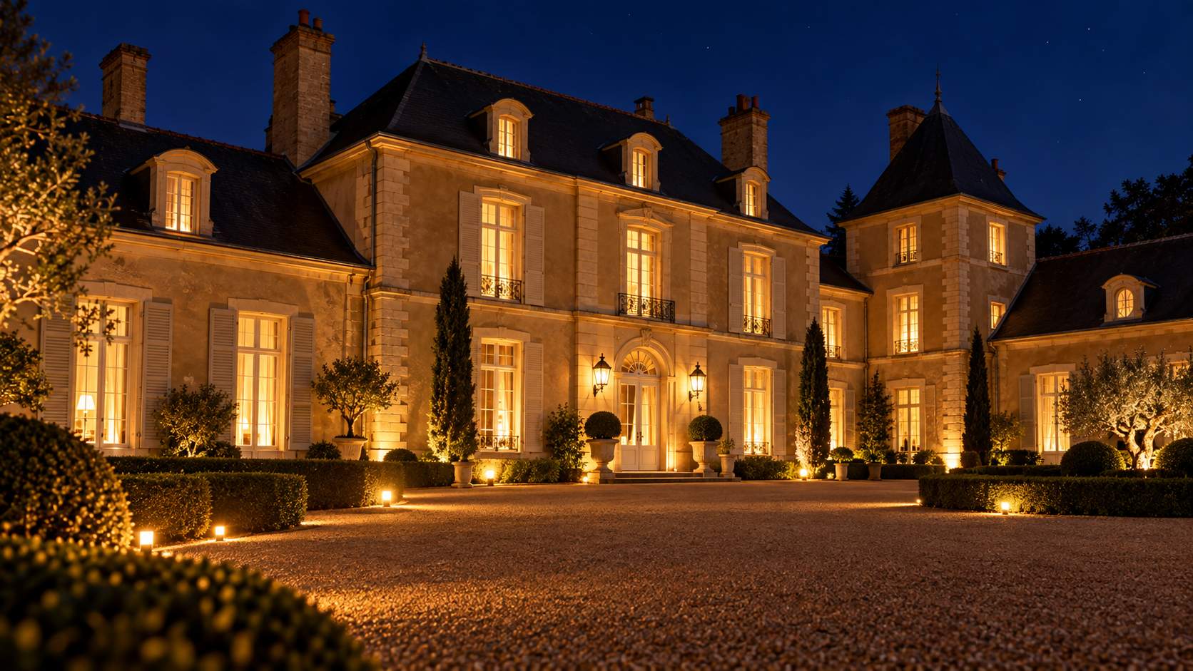 Un château illuminé la nuit, allée de gravier et cyprès