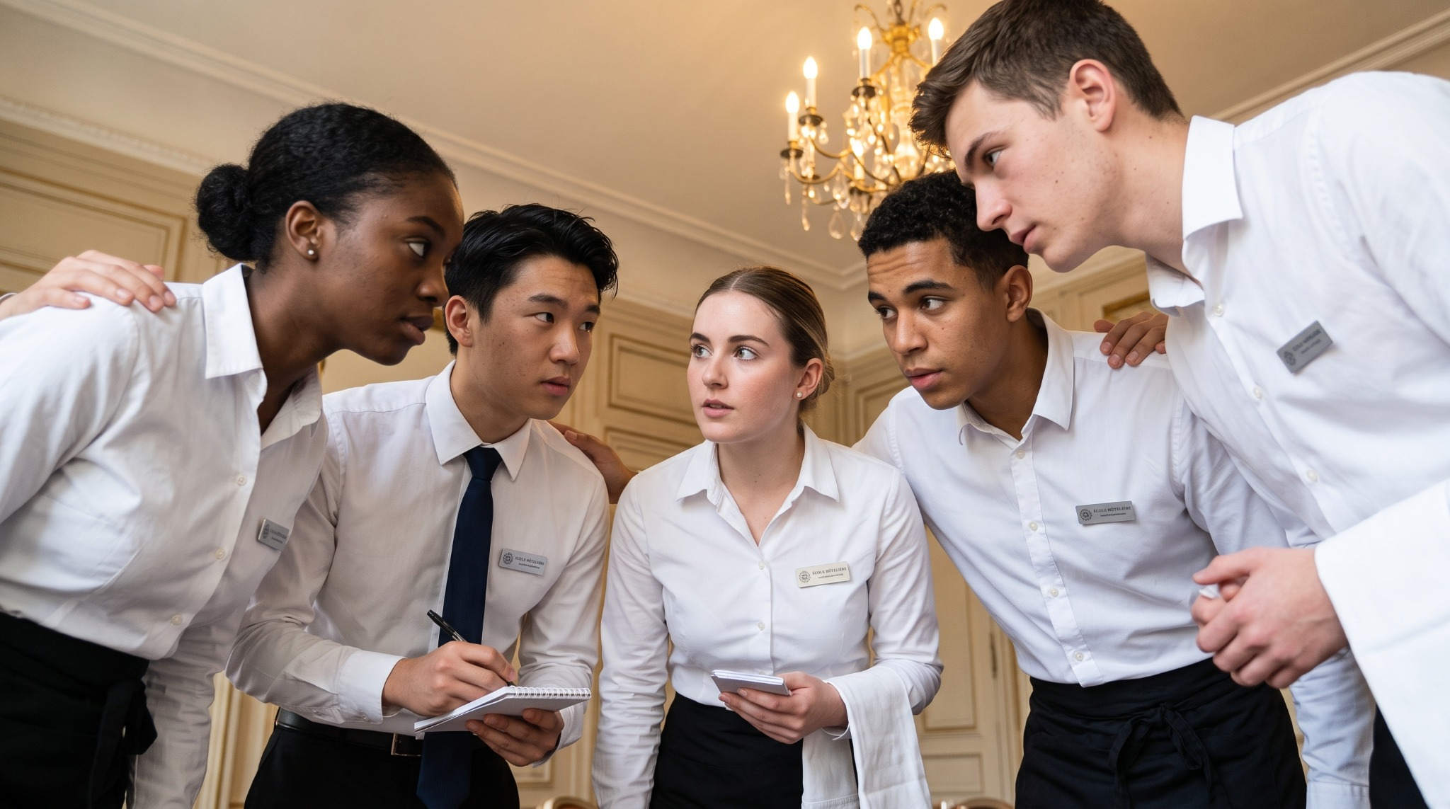 Une brigade de cinq étudiants en chemise blanche, penchés sur un carnet avant le service
