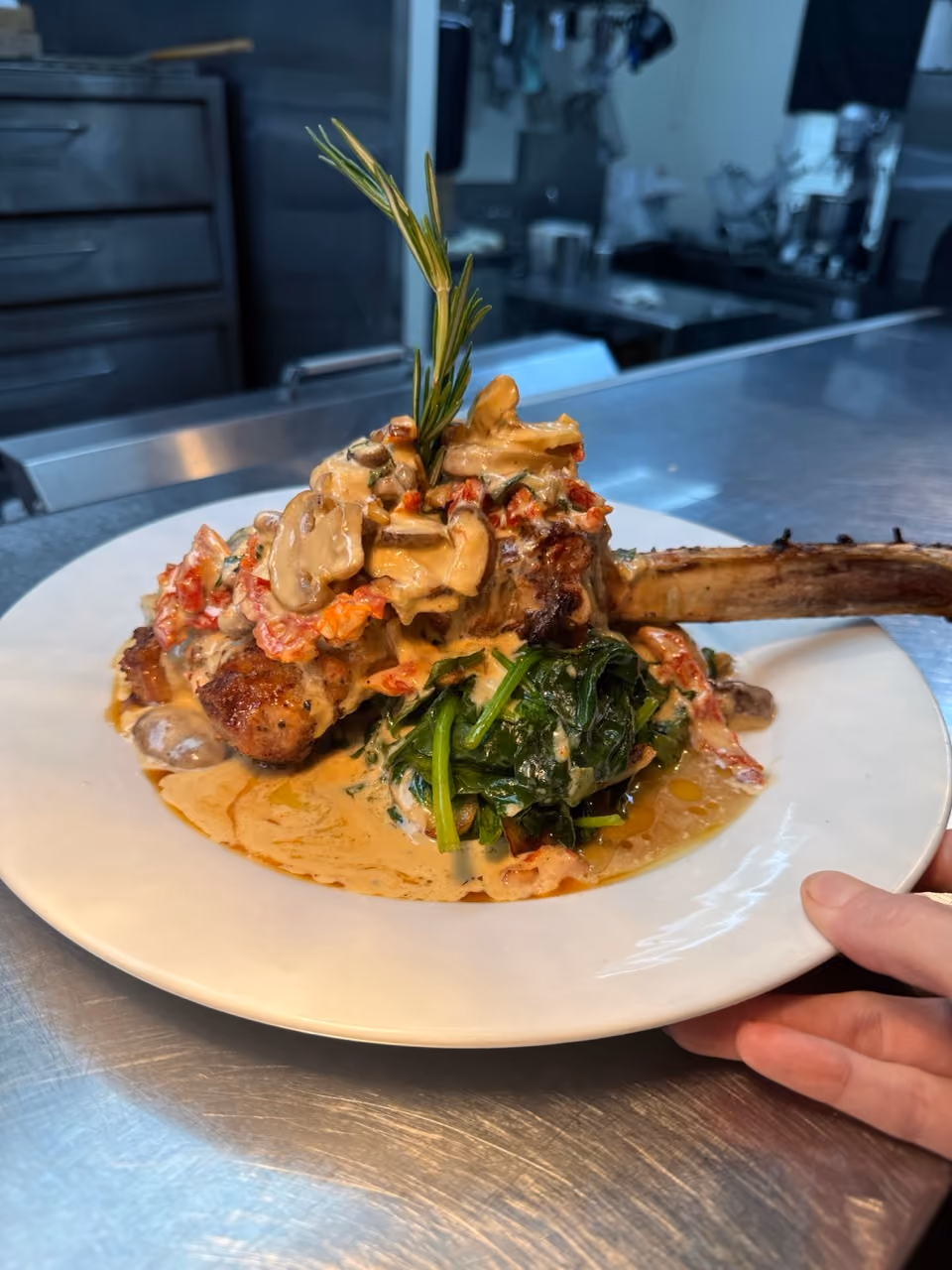 A person's hand is holding a plate with a steak and vegetables.