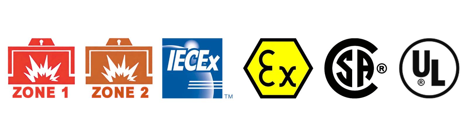 Zone 1, Zone 2, IECEx, Ex, CSA and UL certification marks