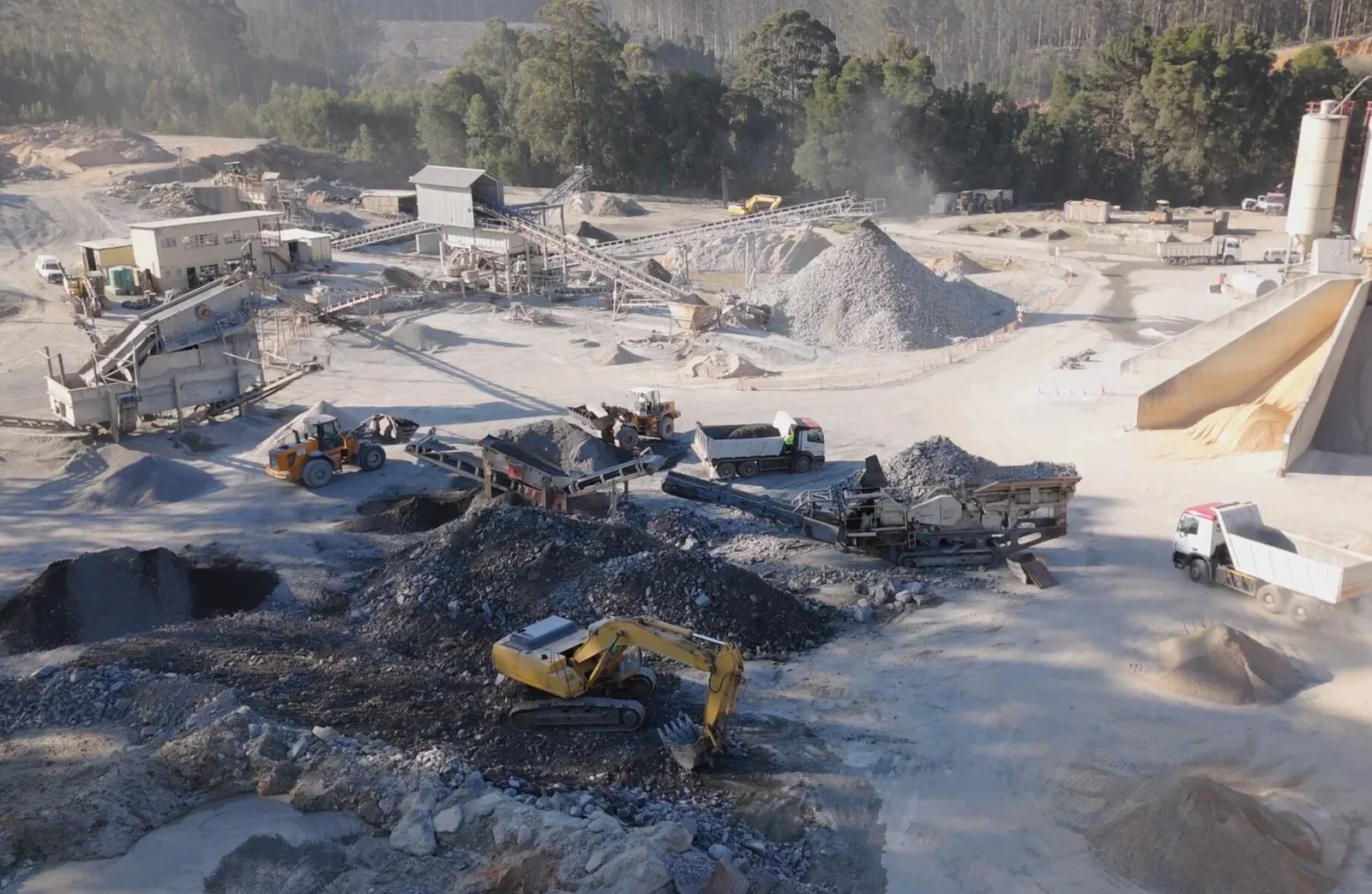 Aerial view of a quarry with heavy equipment