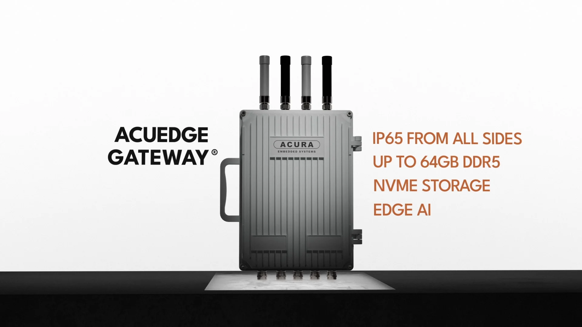 Cutaway of the AcuEdge Gateway enclosure showing the board and ports