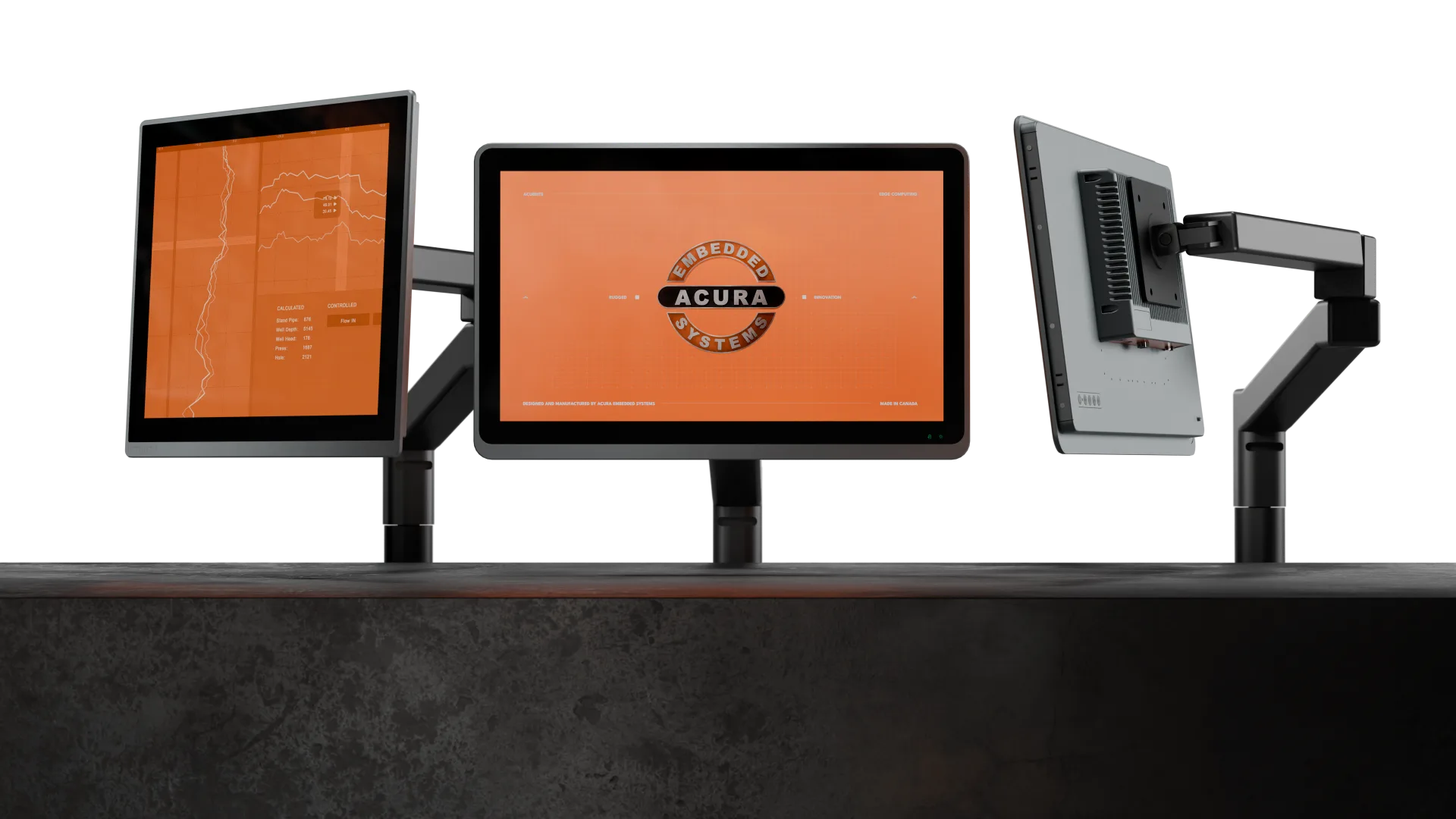 Three AcuBrite displays on articulating mounts