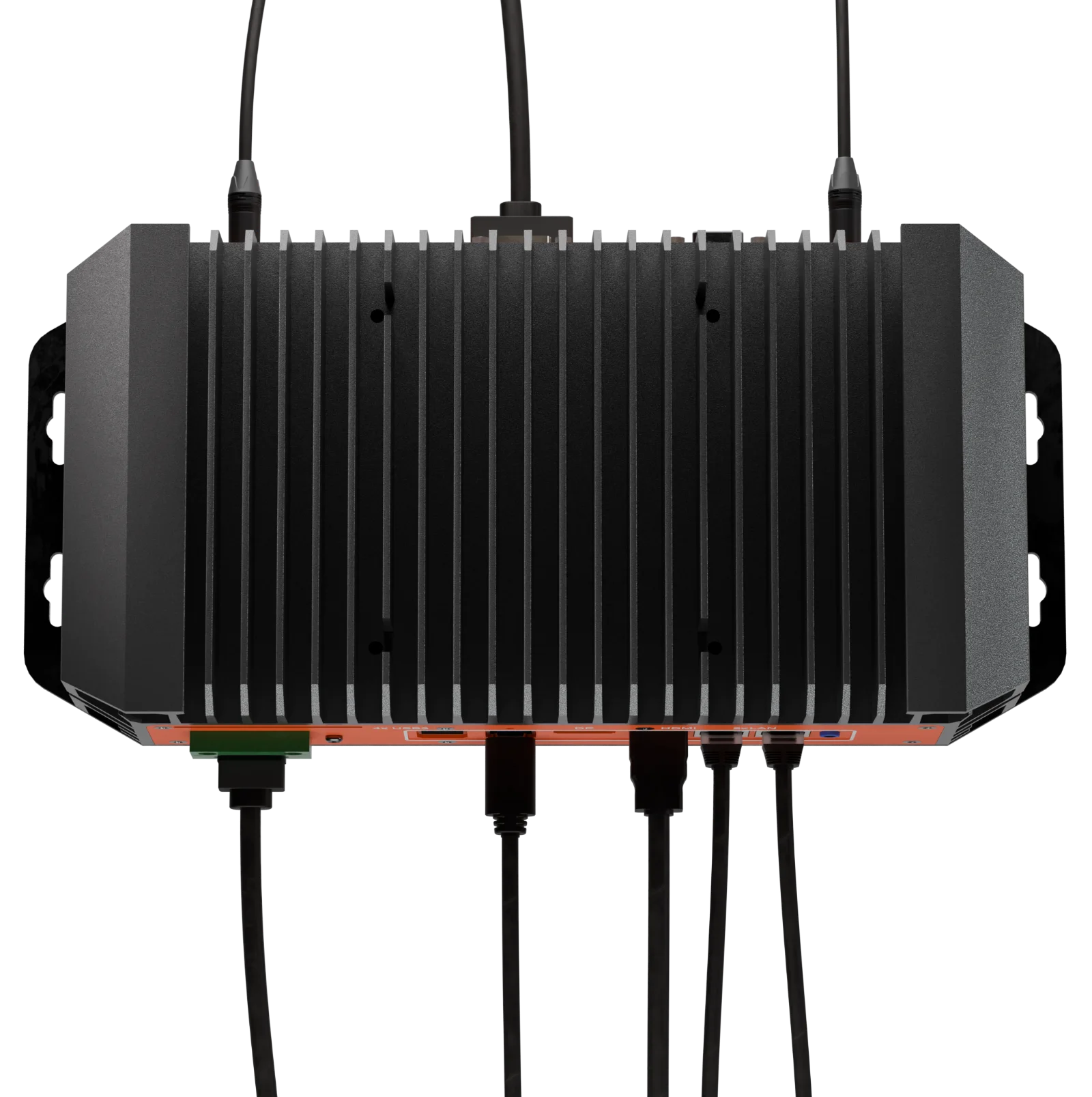 PowerBrick X from above with power, USB and LAN cables connected
