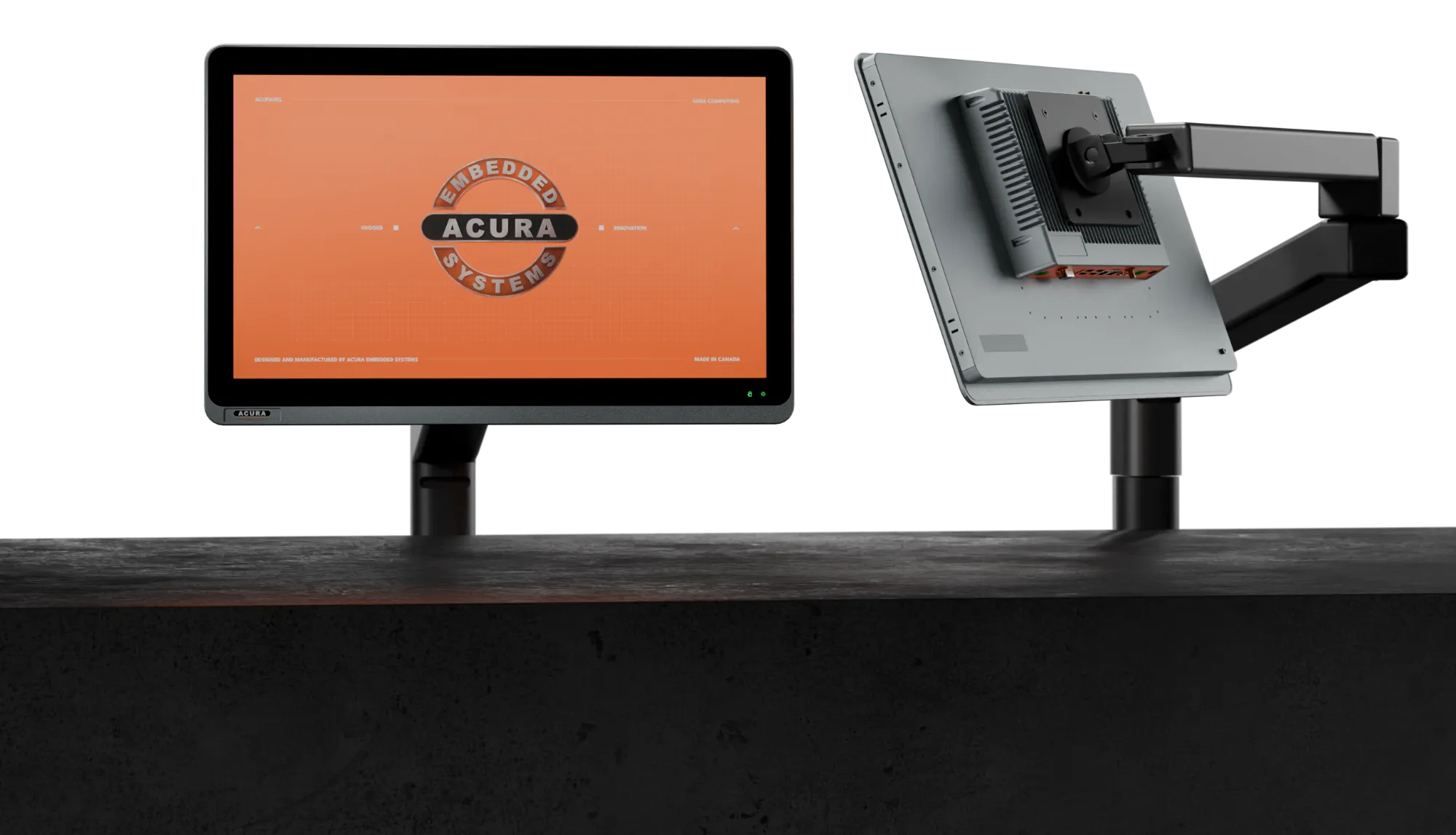 Two AcuPanels on a concrete ledge, one on a desk stand and one on an articulating arm