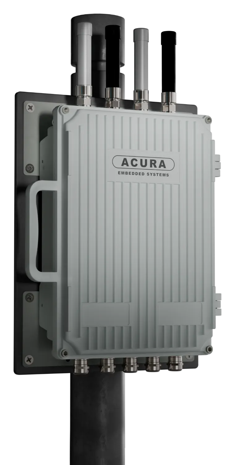 AcuEdge Gateway enclosure on a pole-mount plate with four antennas