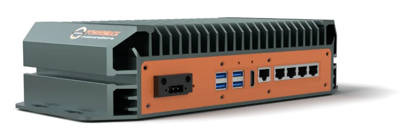 PowerBrick X with its orange I/O plate, three-quarter view