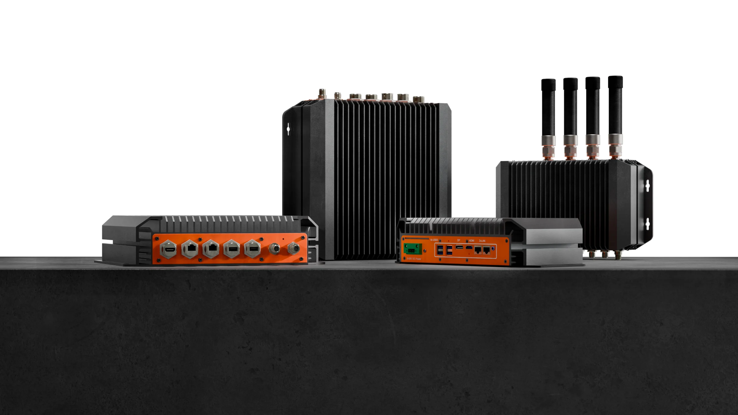 PowerBrick X and XS family on a concrete ledge, including sealed, antenna and upright builds