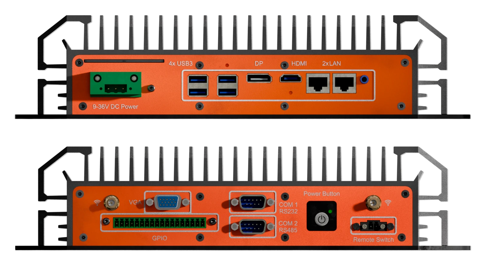 PowerBrick X front and rear I/O plates with DC power, USB 3, DisplayPort, HDMI, LAN, VGA, GPIO, serial and antenna connectors