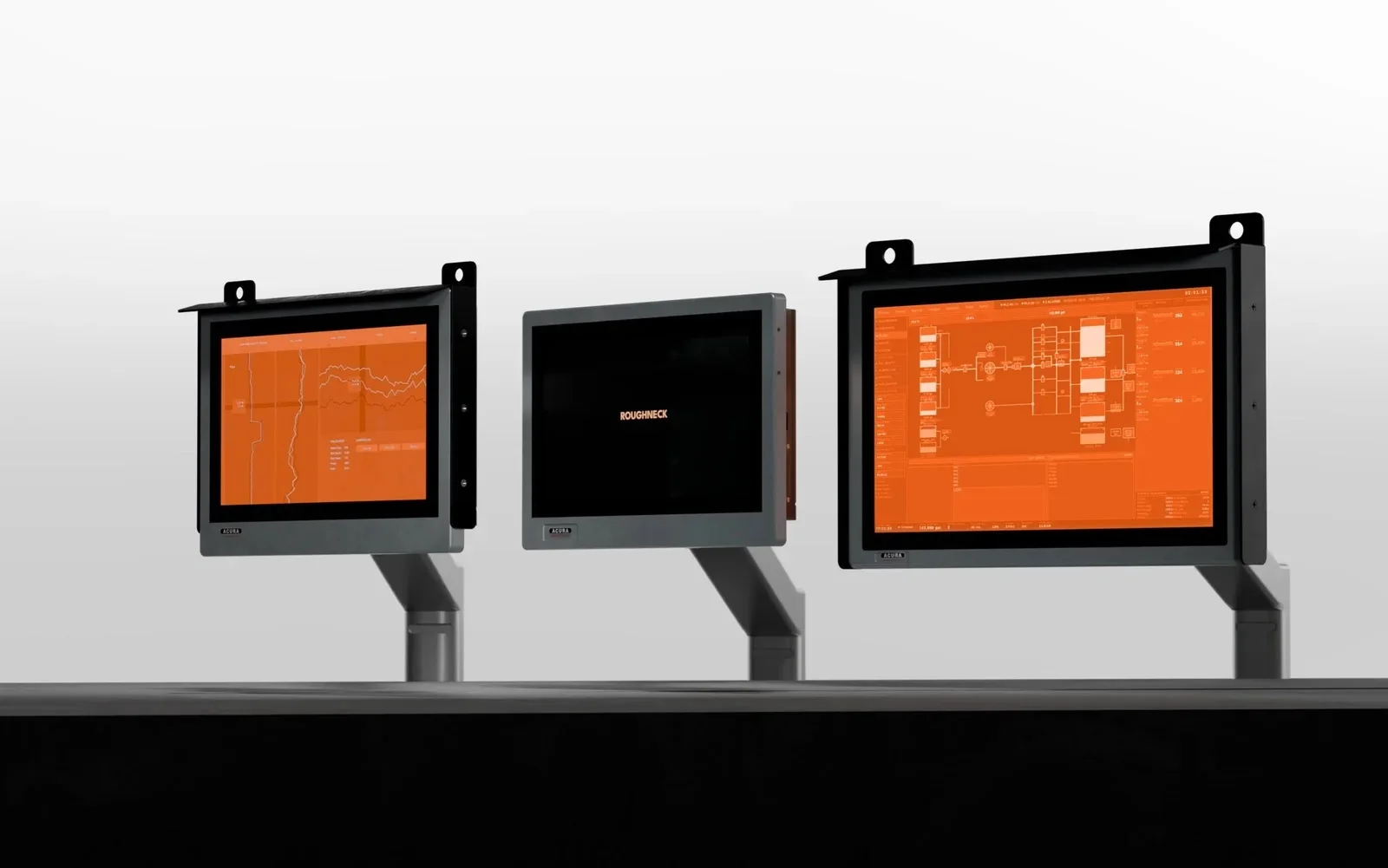 Three RoughNeck panel PCs on pedestal mounts, two with the Acura control screen showing