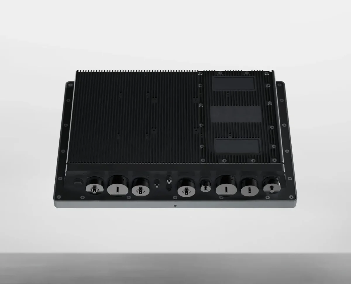 Rear of the RoughNeck panel PC with sealed industrial connectors along the bottom edge