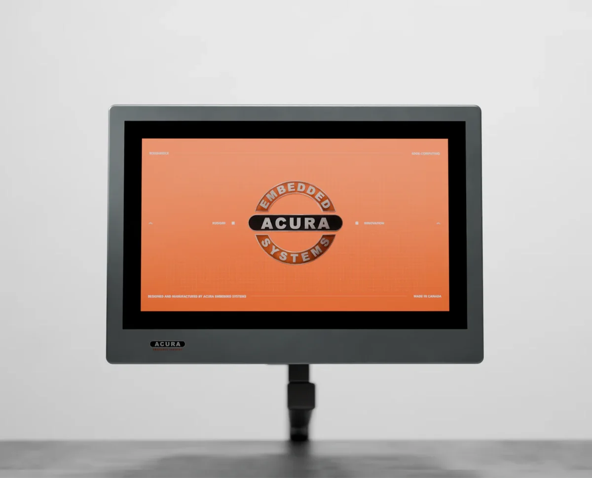 RoughNeck panel PC on a pedestal mount, front view with the Acura screen