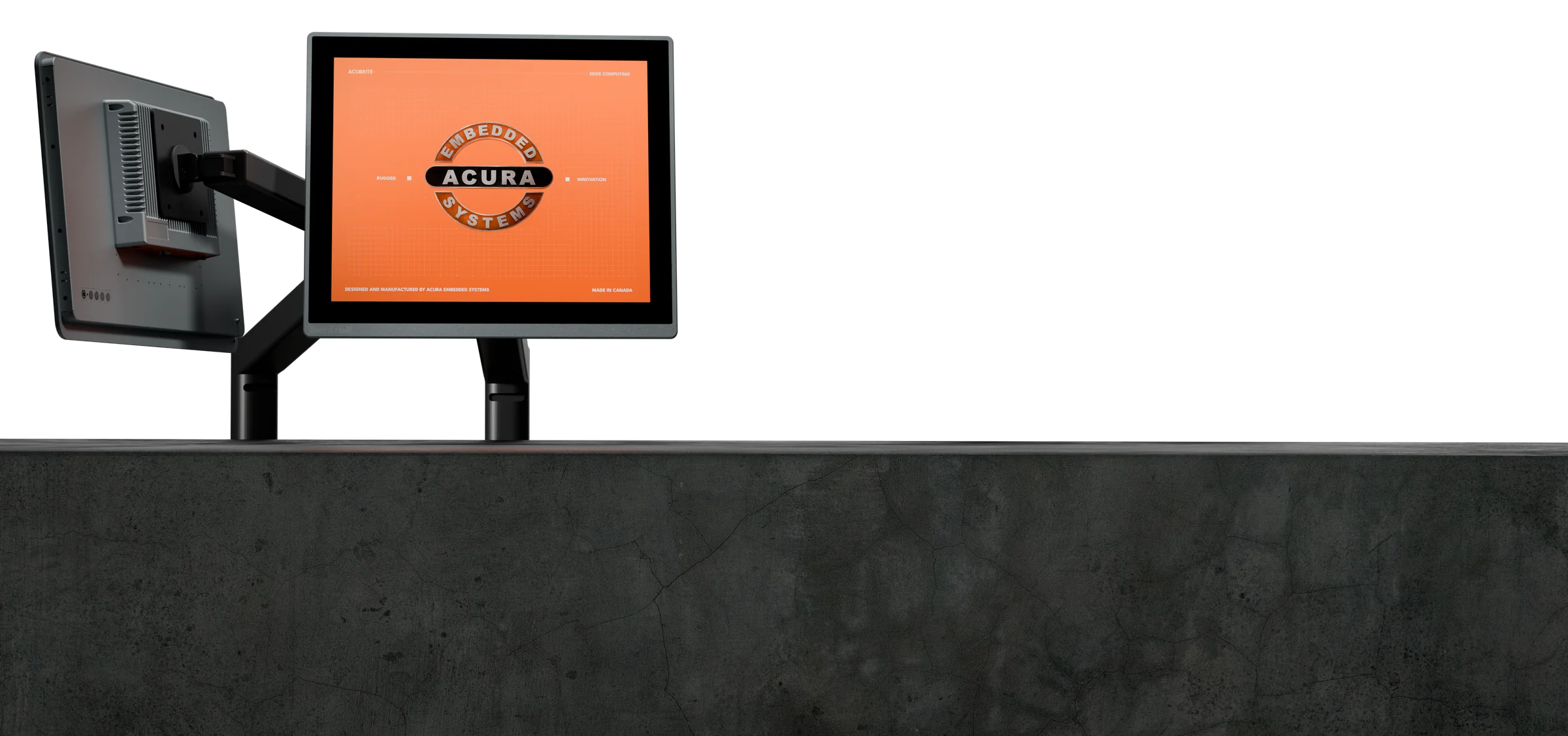 Two AcuBrite displays on articulating mounts on a concrete ledge