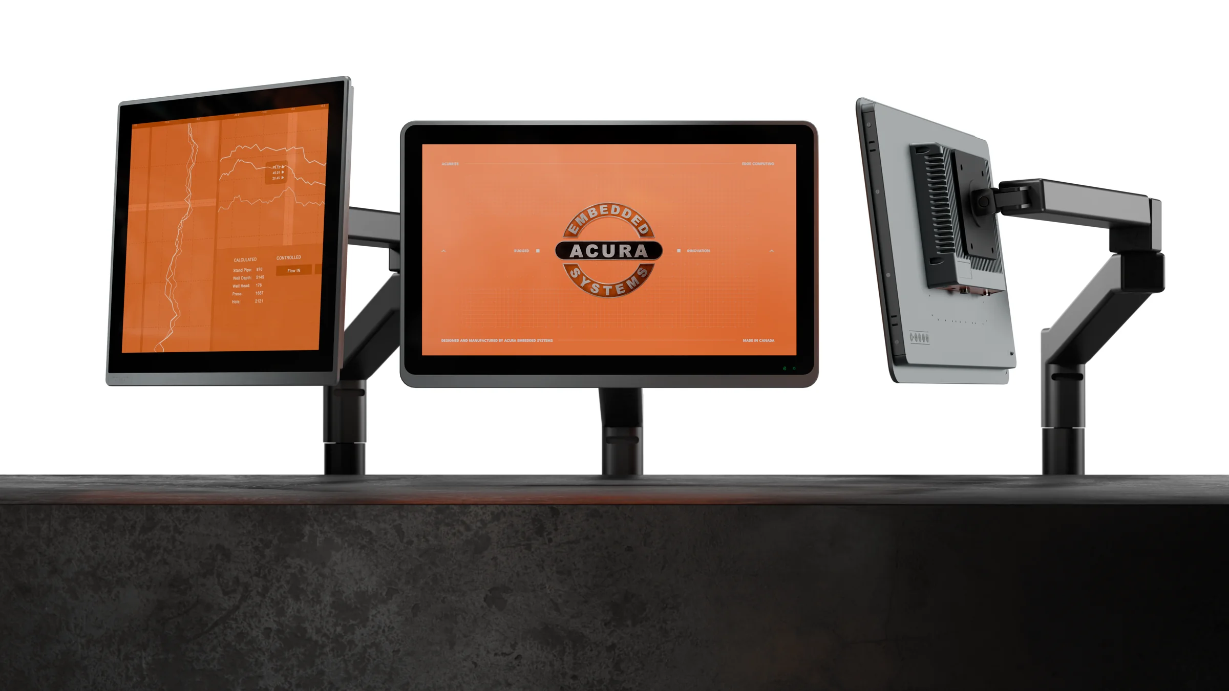 Three AcuBrite displays in different sizes on articulating mounts