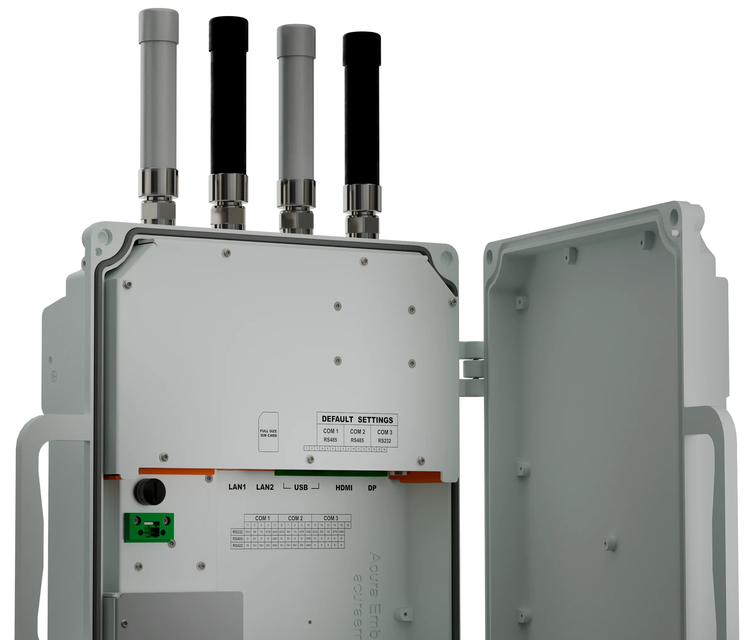 AcuEdge Gateway enclosure open, showing the board, I/O plate and antennas