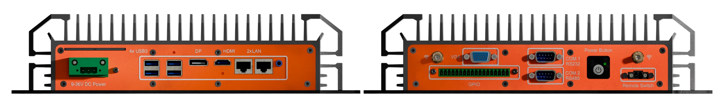PowerBrick X front and rear I/O plates with DC power, USB 3, DisplayPort, HDMI, LAN, VGA, GPIO, serial and antenna connectors