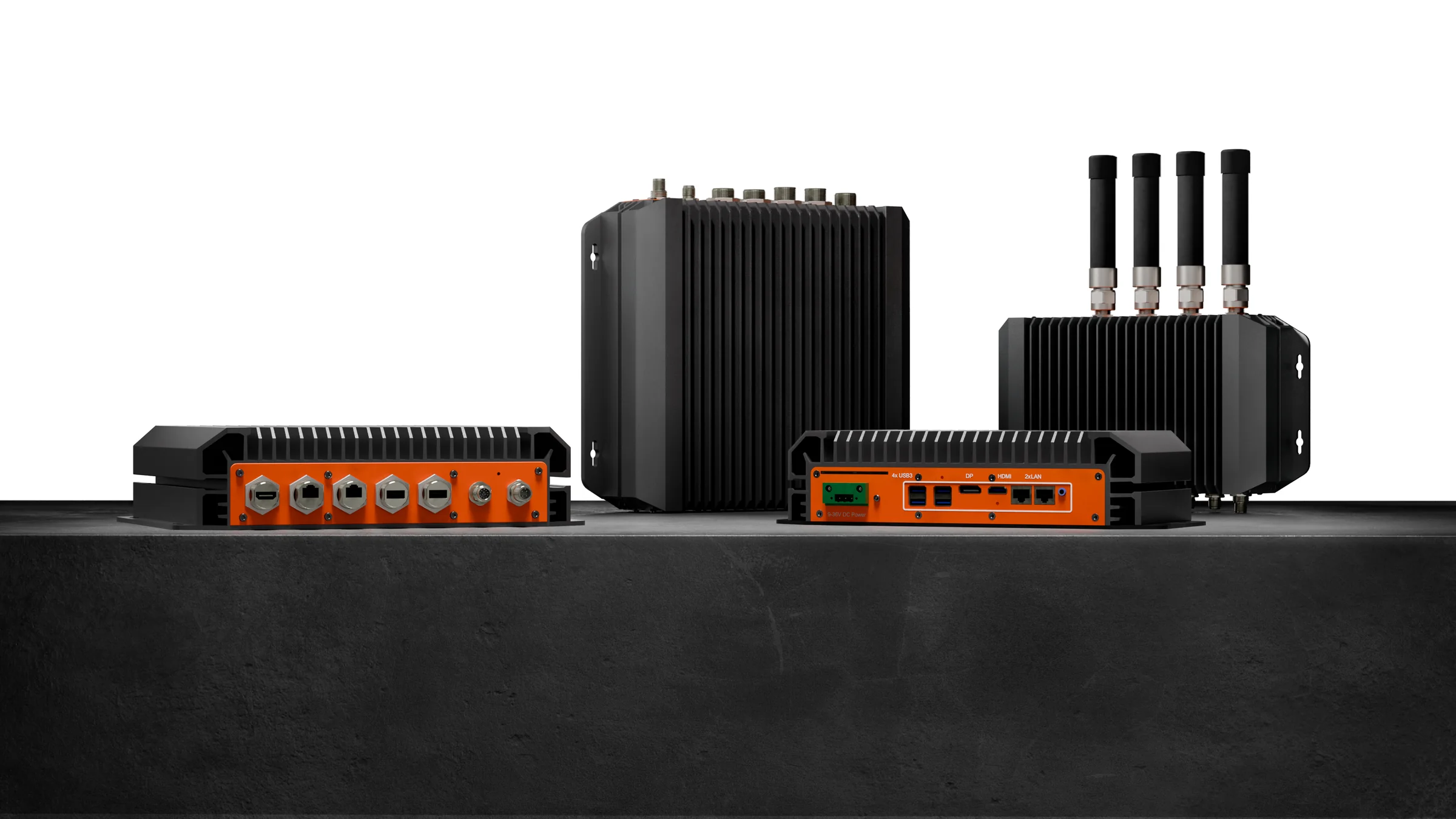 PowerBrick X and XS family on a concrete ledge, including sealed, antenna and upright builds