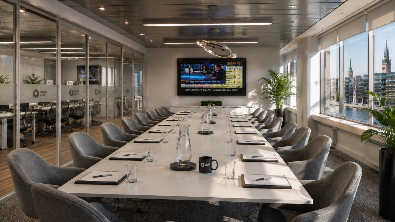A circa 15,000 sq ft Banking Circle workplace across two floors at Amerika Plads, extending the client’s agile design language from London.