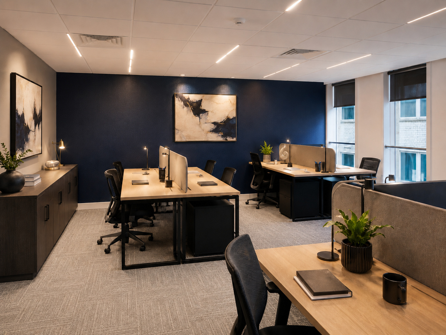 A City of London managed workspace at Finsbury with a welcoming reception, open office setting and characterful shared lounge.