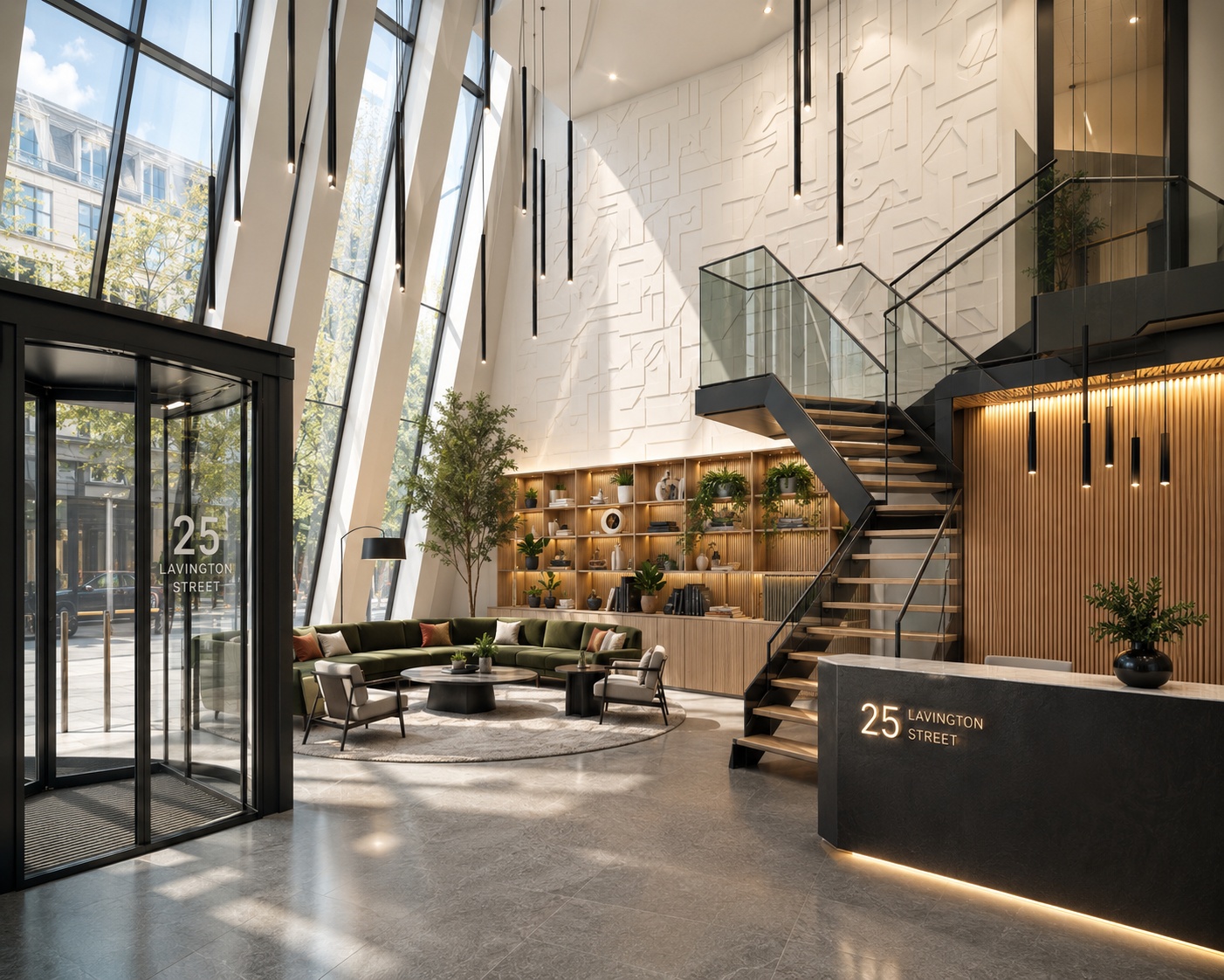 A serviced and managed workspace at 25 Lavington Street, with reception lounge, atrium seating, meeting rooms and flexible workspace.