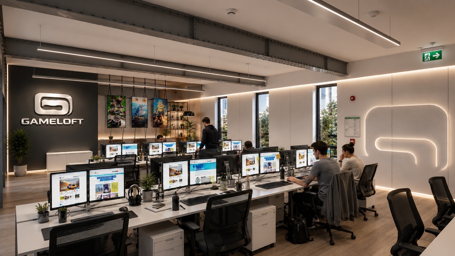 A creative office fit-out and later refurbishment for Gameloft at 7 Howick Place, using loft-style finishes and a restrained gaming identity.