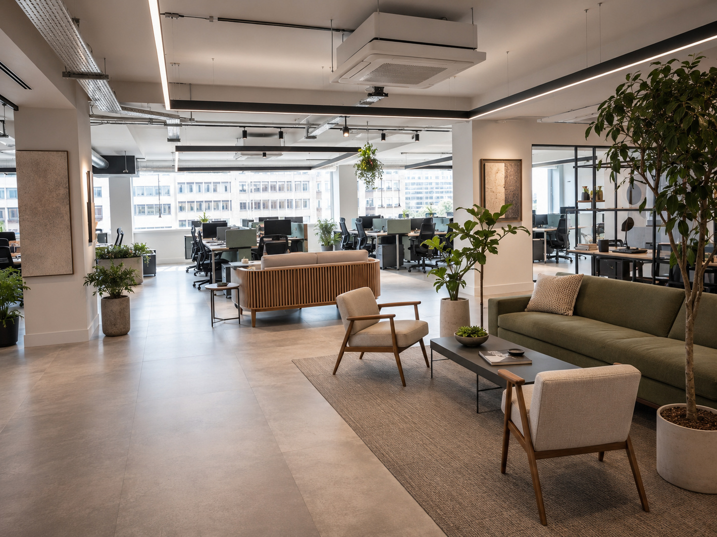 A circa 7,000 sq ft Cat B fit-out for Plum Guide at 69 Paul Street, retaining industrial character while adding meeting rooms and workplace infrastructure.