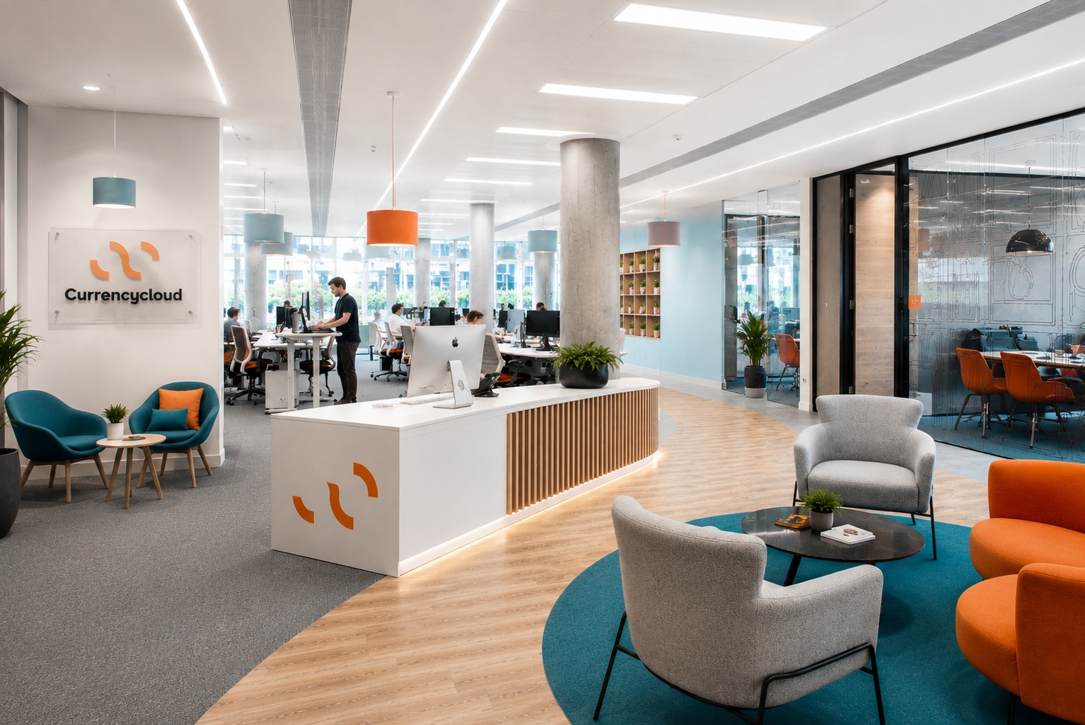 A circa 10,000 sq ft agile London workplace for Currencycloud, combining collaboration, café-style hospitality, tiered seating and flexible work settings.