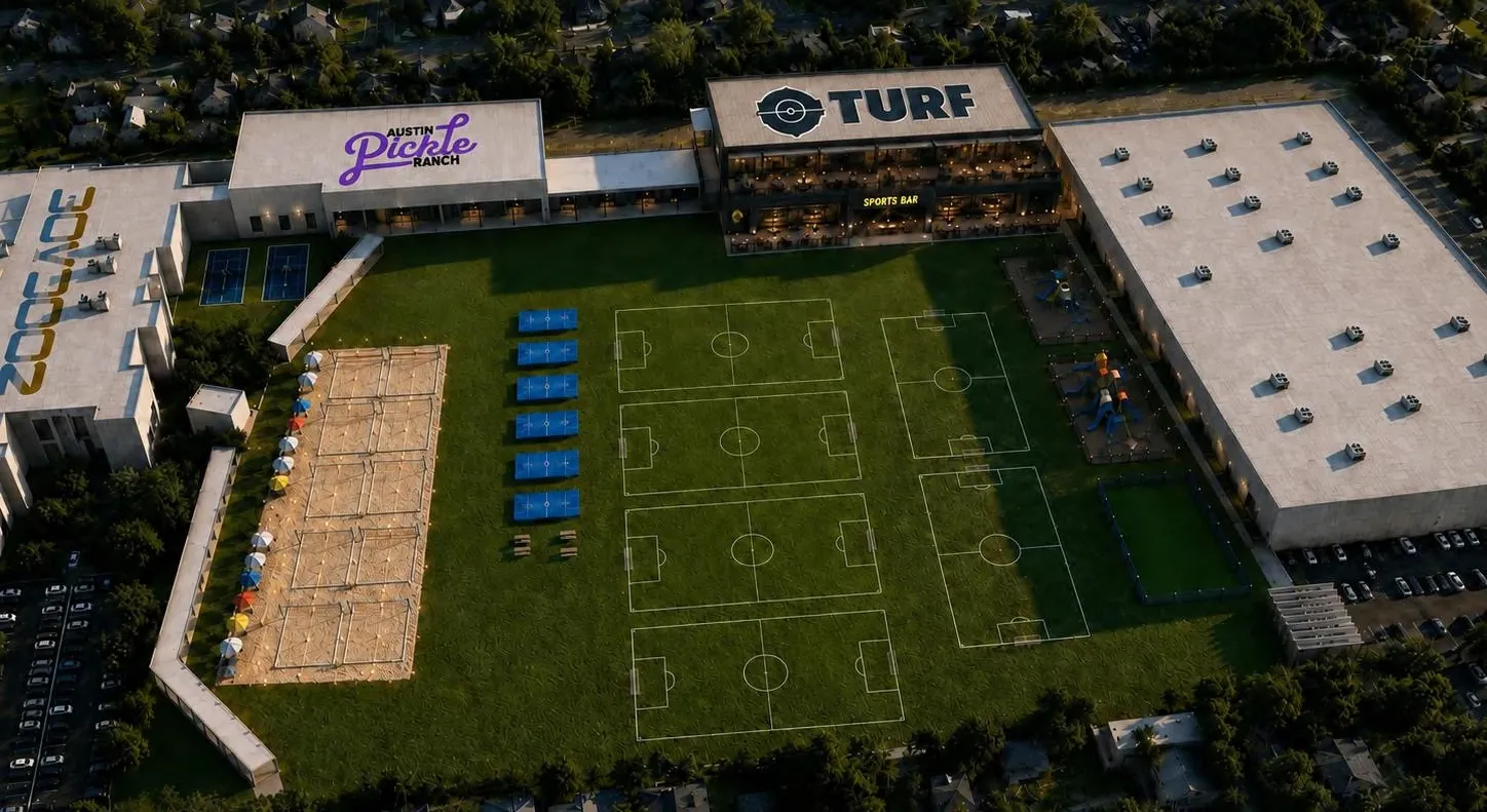 Aerial rendering of the TURF ATX soccer entertainment complex in Austin with outdoor turf fields