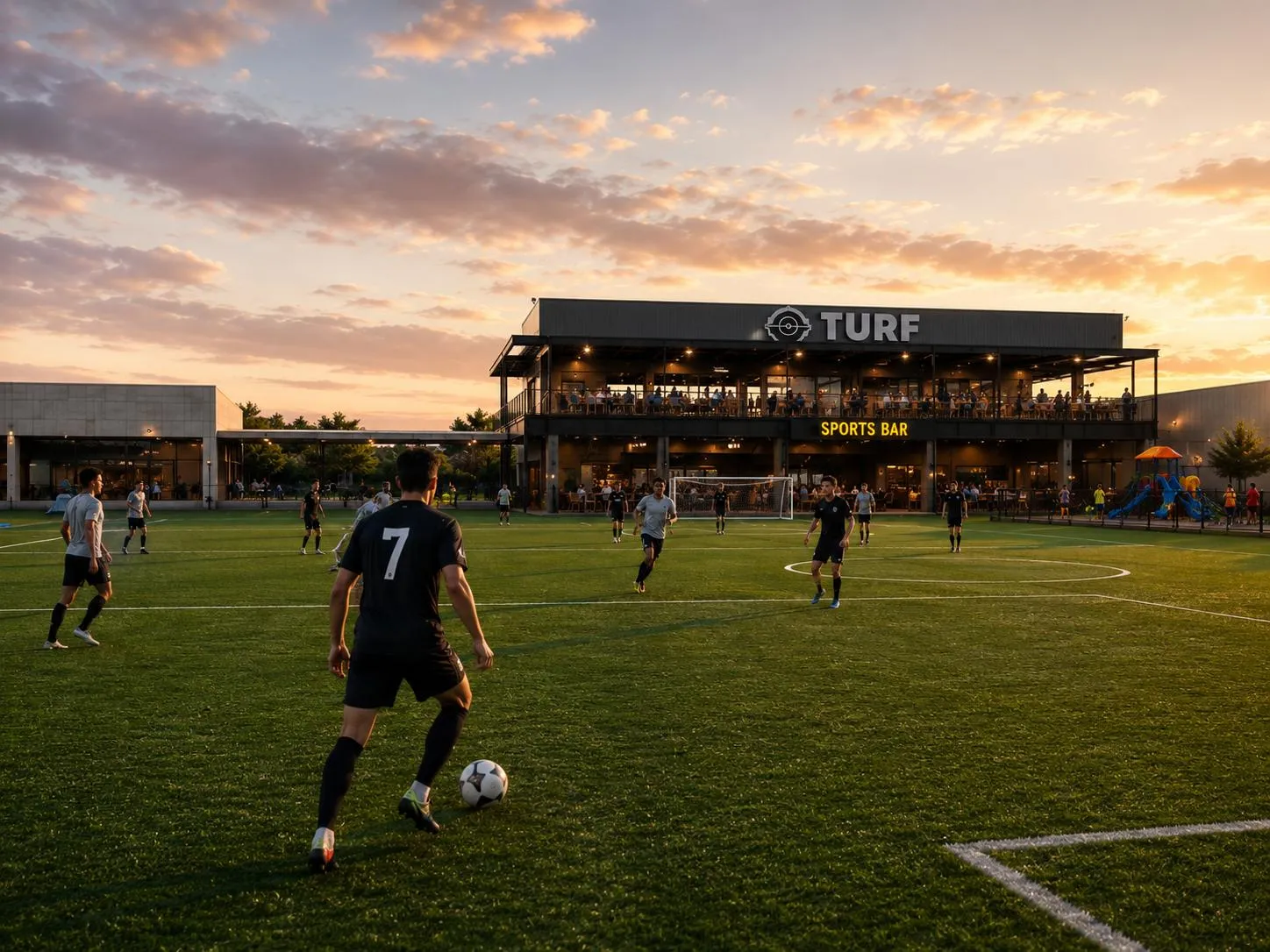 Rendering of TURF ATX at sunset: players on the outdoor pitch in front of the two-story sports bar