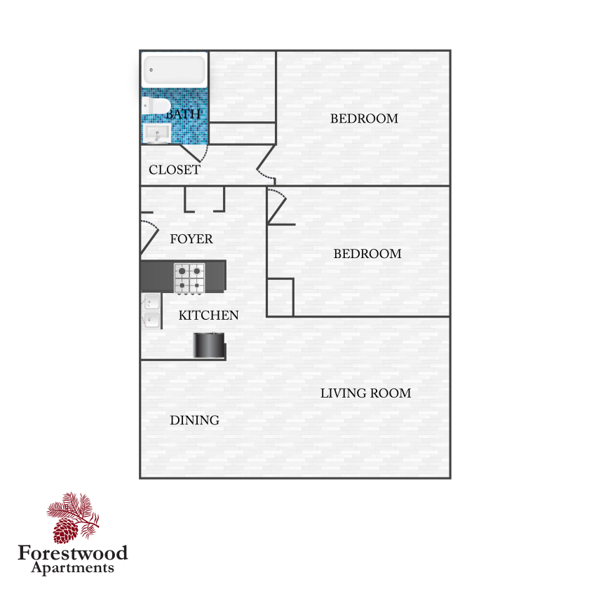2 bed 1.5 bath apartment floor plan