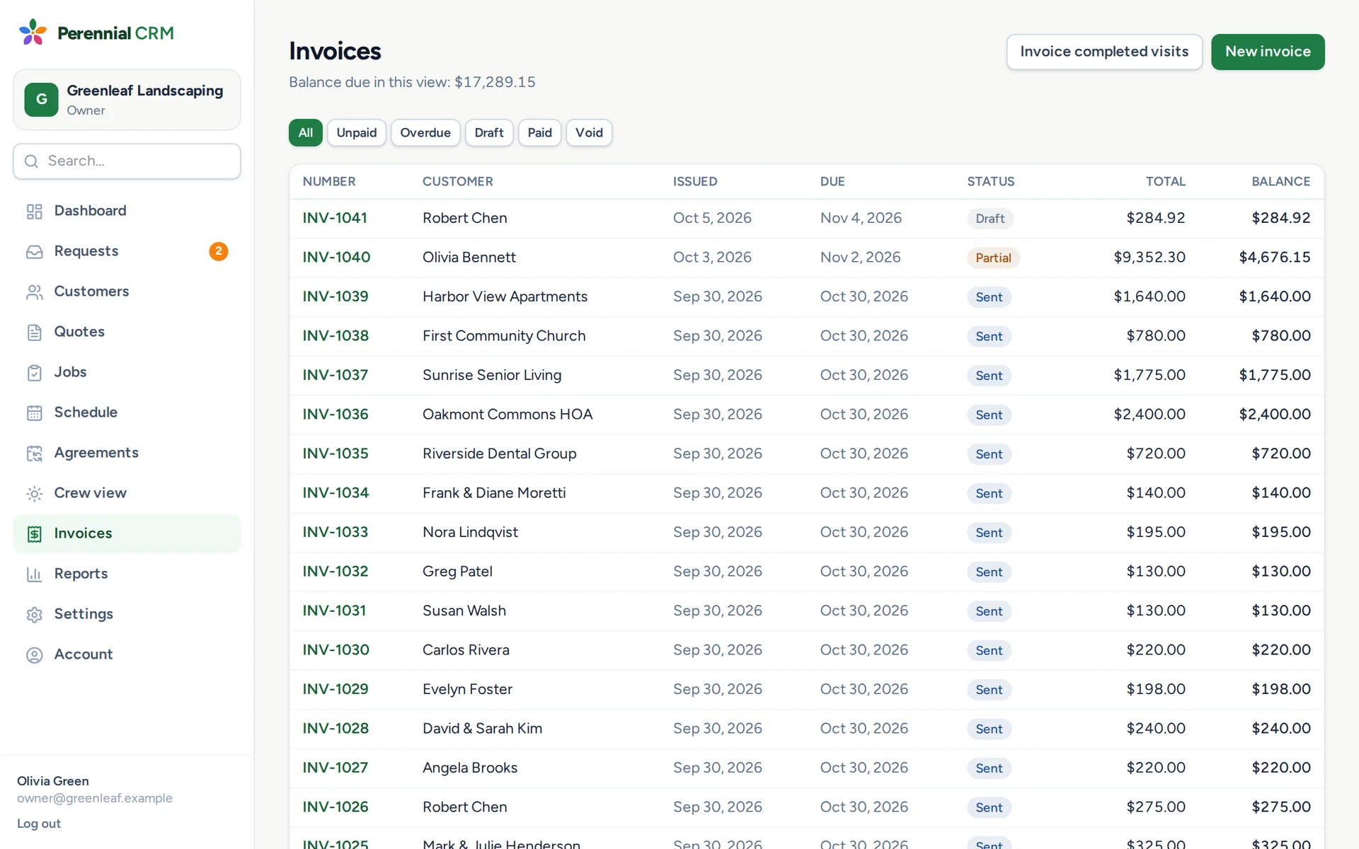 The invoices list with balances and statuses
