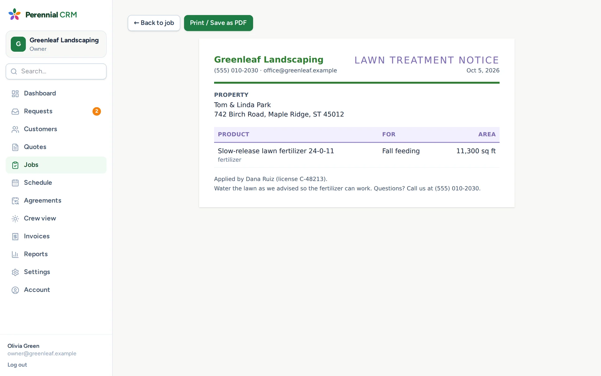 A printable lawn treatment notice listing the product applied and the area