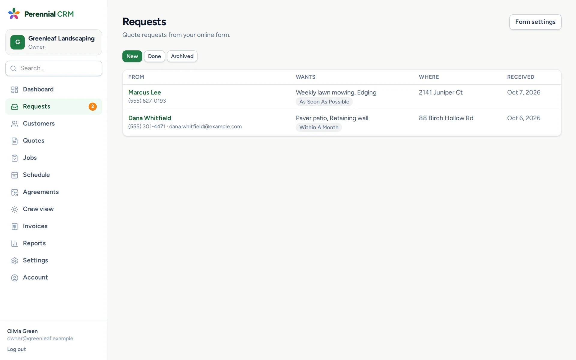 The requests inbox listing new quote requests from the online form