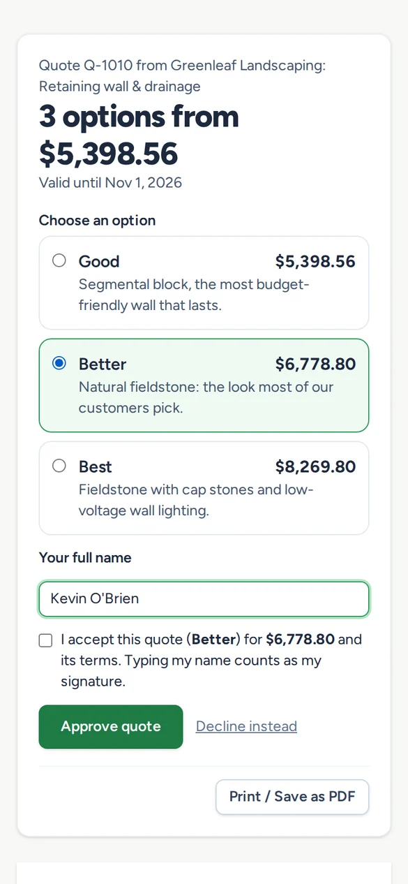 A customer choosing the Better option and signing a quote on their phone