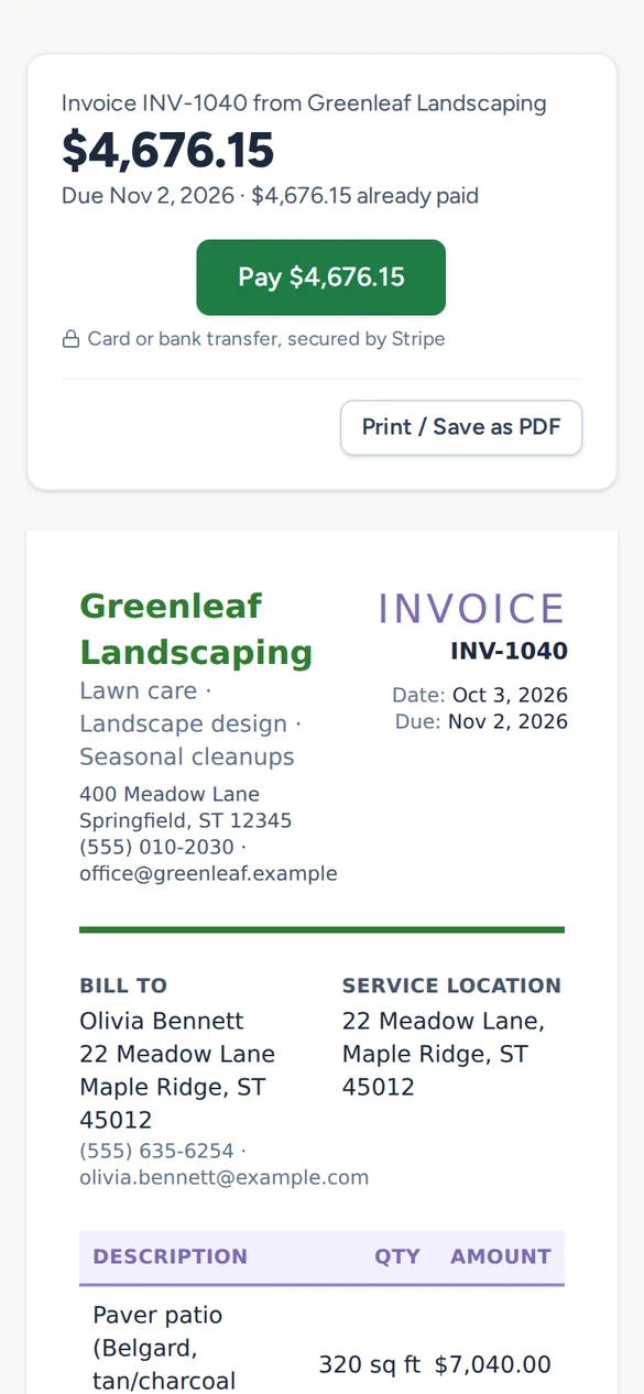 An invoice with a Pay button, open on a phone
